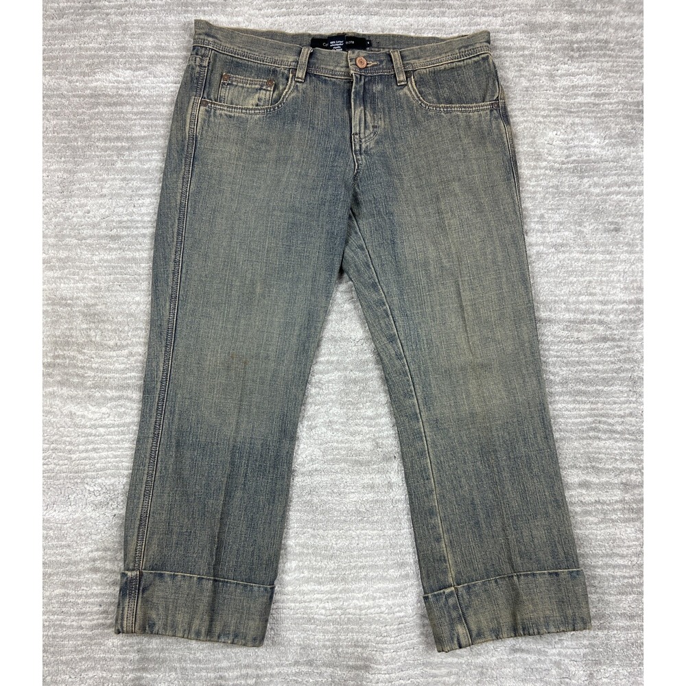 Calvin Klein Jeans Capri Womens 6 Blue Dirty Wash Barbed Wire Embroidered Cuffed